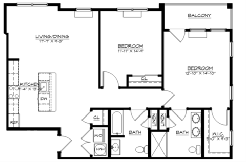 Floor plan for 2 beds, 2 baths, 1268 sqft