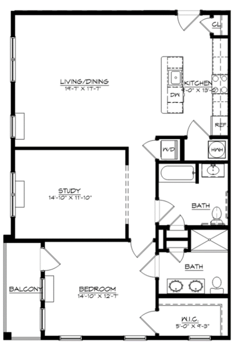 Floor plan for 1 bed, 2 baths, 1311 sqft
