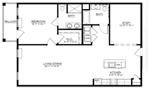 Floor plan for 1 bed, 2 baths, 1372 sqft