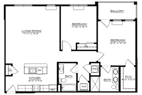 Floor plan for 2 beds, 2 baths, 1317 sqft