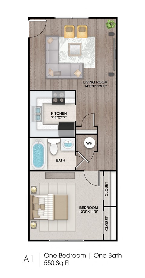 Floor plan for 1 bed, 1 bath, 550 sqft