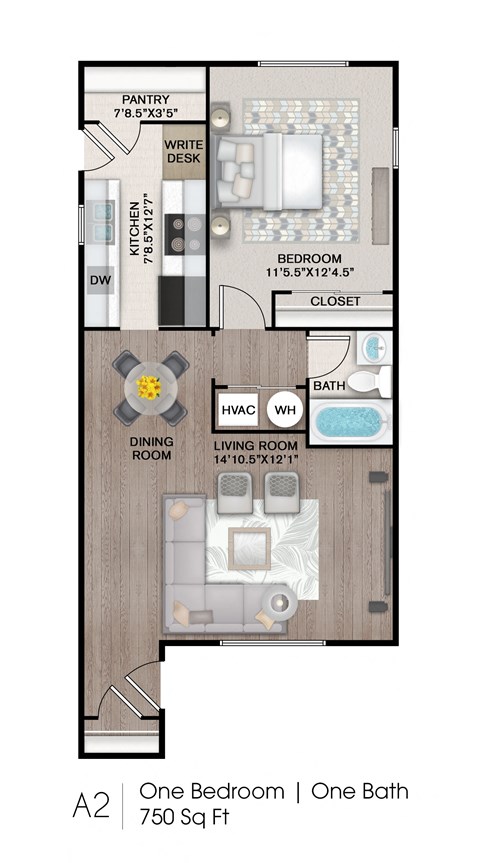 Floor plan for 1 bed, 1 bath, 750 sqft