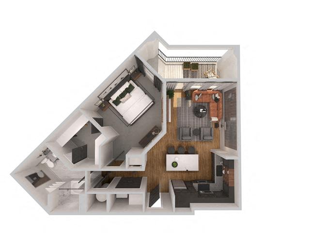 Floor plan for 1 bed, 1 bath, 829 sqft