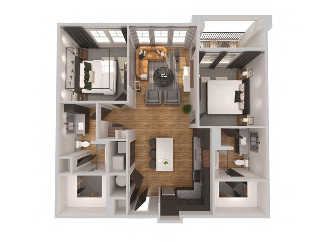 Floor plan for 2 beds, 2 baths, 1169 sqft