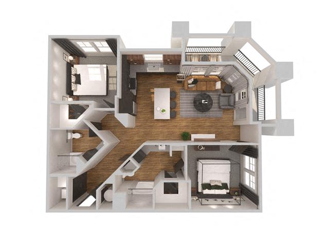 Floor plan for 2 beds, 2 baths, 1256 sqft