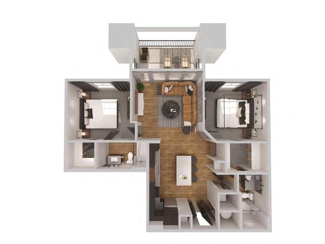 Floor plan for 2 beds, 2 baths, 1072 sqft