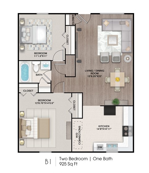Floor plan for 2 beds, 1 bath, 925 sqft