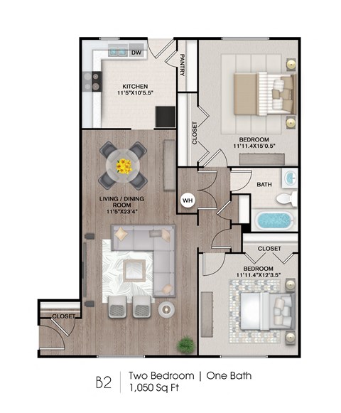 Floor plan for 2 beds, 1 bath, 1050 sqft