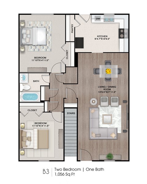 Floor plan for 2 beds, 1 bath, 1056 sqft