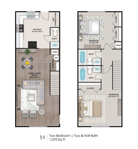 Floor plan for 2 beds, 2.5 baths, 1075 sqft