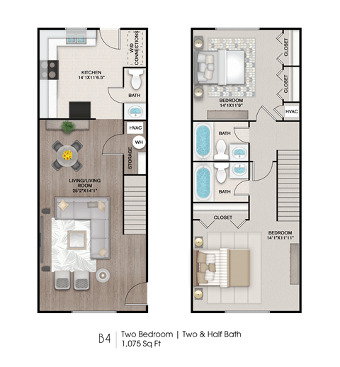 Floor plan for 2 beds, 1 bath, 1075 sqft