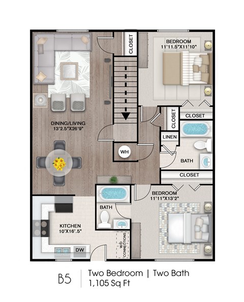 Floor plan for 2 beds, 2 baths, 1105 sqft