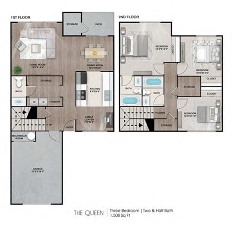 Floor plan for 3 beds, 2.5 baths, 1508 sqft