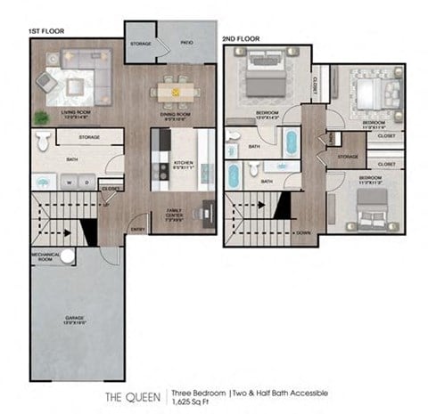Floor plan for 3 beds, 2.5 baths, 1625 sqft