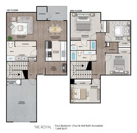 Floor plan for 4 beds, 2.5 baths, 1664 sqft