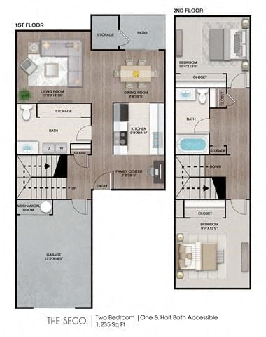 Floor plan for 2 beds, 1.5 baths, 1235 sqft