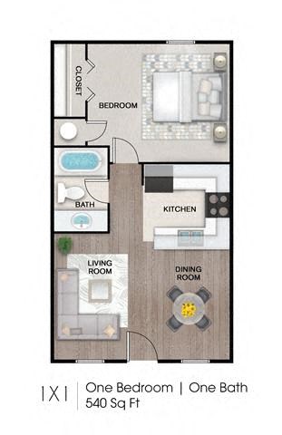Floor plan for 1 bed, 1 bath, 540 sqft