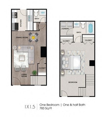 Floor plan for 1 bed, 1.5 baths, 783 sqft
