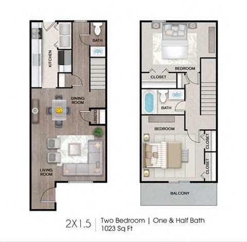 Floor plan for 2 beds, 1.5 baths, 1023 sqft