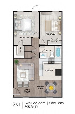 Floor plan for 2 beds, 1 bath, 795 sqft