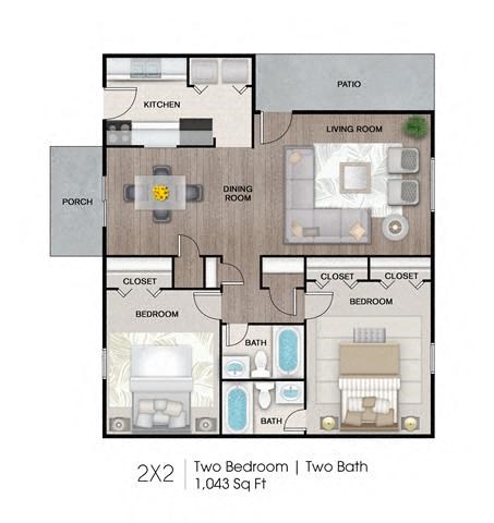 Floor plan for 2 beds, 2 baths, 1043 sqft