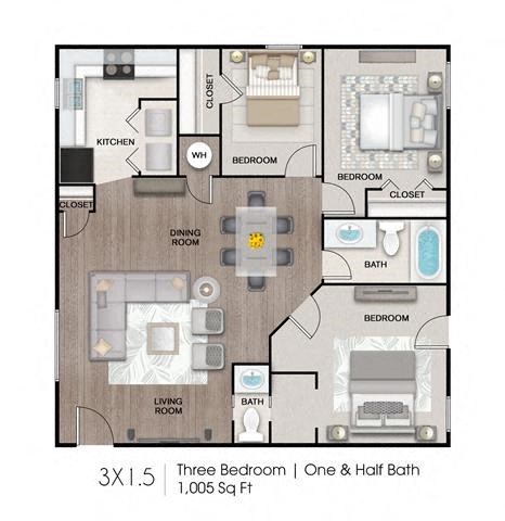 Floor plan for 3 beds, 1.5 baths, 1005 sqft