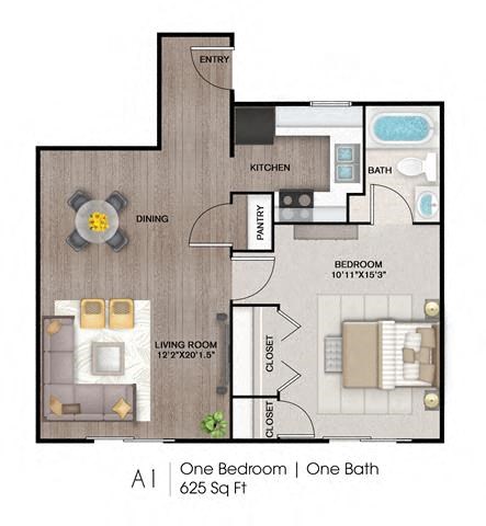 Floor plan for 1 bed, 1 bath, 625 sqft