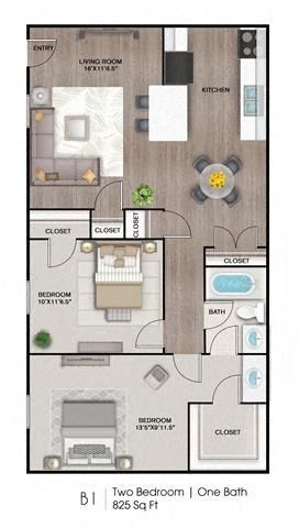 Floor plan for 2 beds, 1 bath, 988 sqft