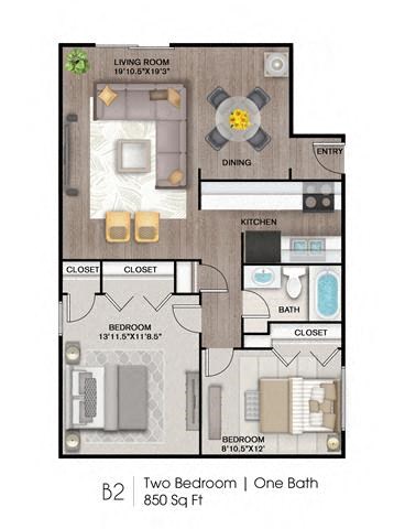 Floor plan for 2 beds, 1 bath, 920 sqft