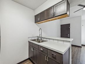 Pensacola apartment for rent - a kitchen with a sink and cabinets and a door at The Papillon, Pensacola, FL