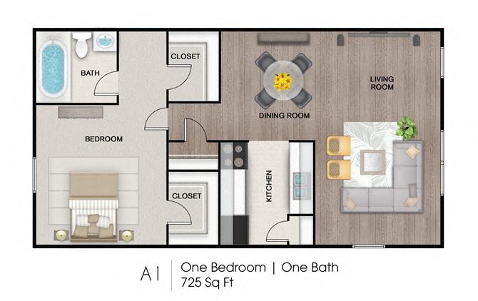 Floor plan for 1 bed, 1 bath, 725 sqft