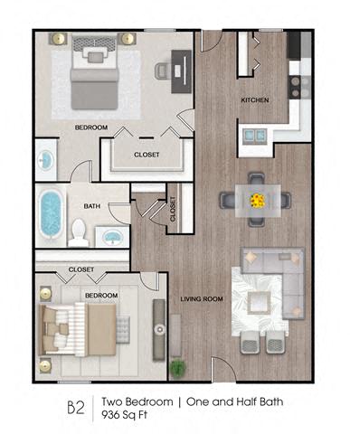 Floor plan for 2 beds, 1 bath, 925 sqft