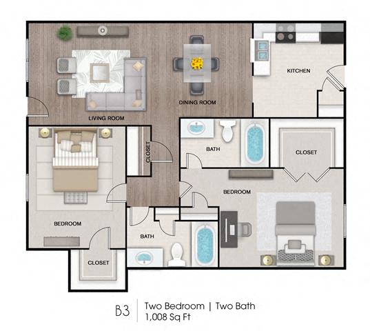 Floor plan for 2 beds, 2 baths, 1008 sqft