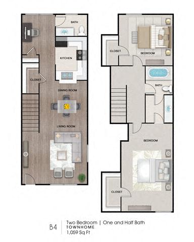 Floor plan for 2 beds, 1.5 baths, 1059 sqft