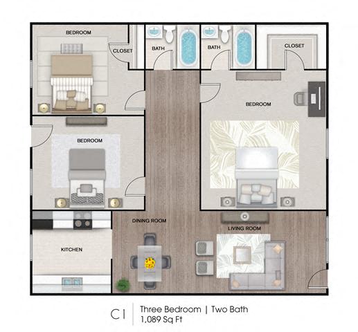 Floor plan for 3 beds, 2 baths, 1089 sqft