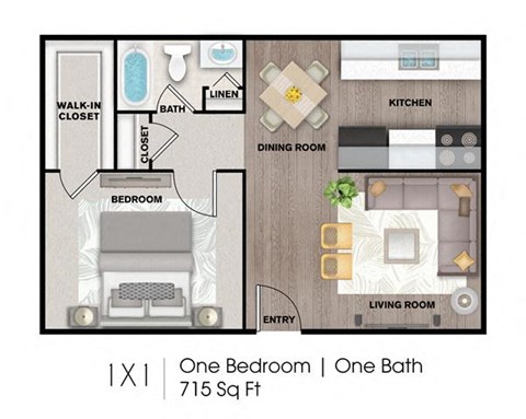 Floor plan for 1 bed, 1 bath, 715 sqft
