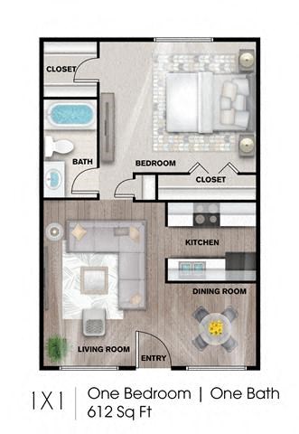 Floor plan for 1 bed, 1 bath, 612 sqft