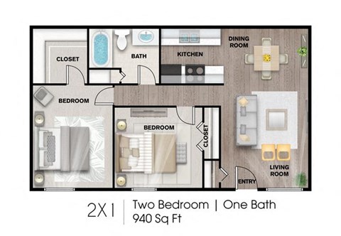 Floor plan for 2 beds, 1 bath, 952 sqft