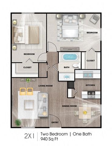 Floor plan for 2 beds, 1 bath, 940 sqft