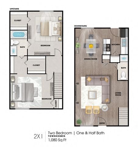 Floor plan for 2 beds, 1.5 baths, 1080 sqft