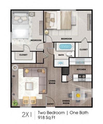 Floor plan for 2 beds, 1 bath, 918 sqft