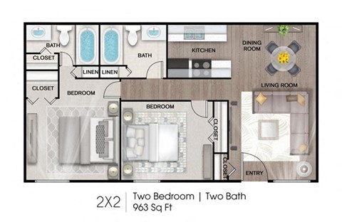 Floor plan for 2 beds, 2 baths, 963 sqft