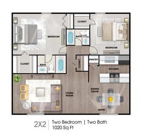 Floor plan for 2 beds, 2 baths, 1020 sqft