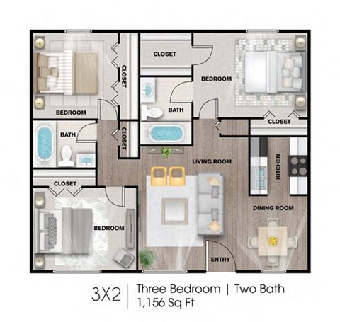 Floor plan for 3 beds, 2 baths, 1156 sqft
