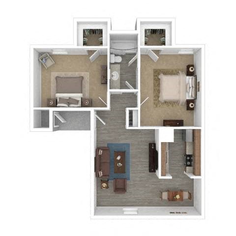 Floor plan for 2 beds, 1 bath, 907 sqft