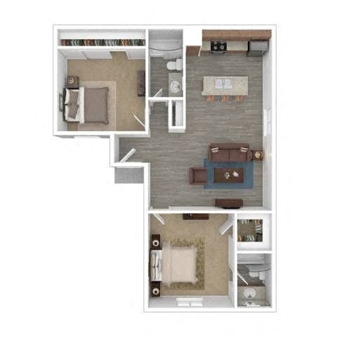 Floor plan for 2 beds, 2 baths, 958 sqft