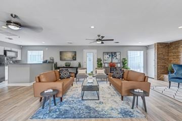 Fort Worth apartment for rent - A living room with a blue rug and brown couches.