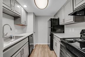 Metairie apartment for rent - A kitchen with a black refrigerator and stove top oven.