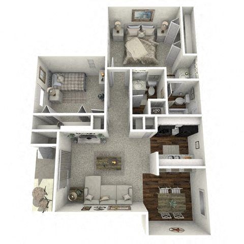 Floor plan for 2 beds, 2 baths, 797 sqft