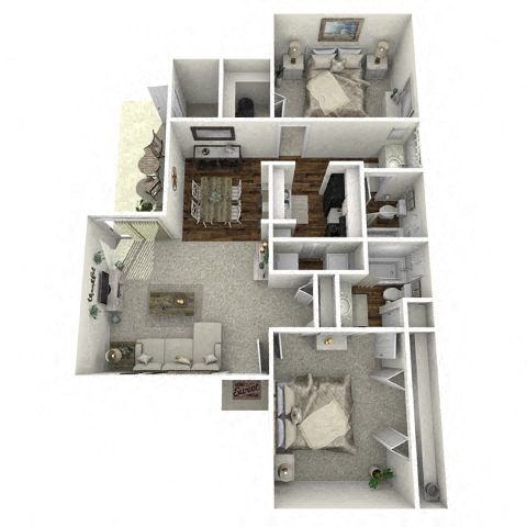 Floor plan for 2 beds, 2 baths, 895 sqft